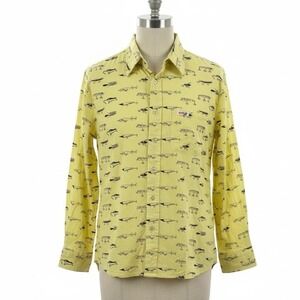 Birdie Men Fishing Lure Print Button‎ Down Shirt Yellow Long Sleeve XL USA Made